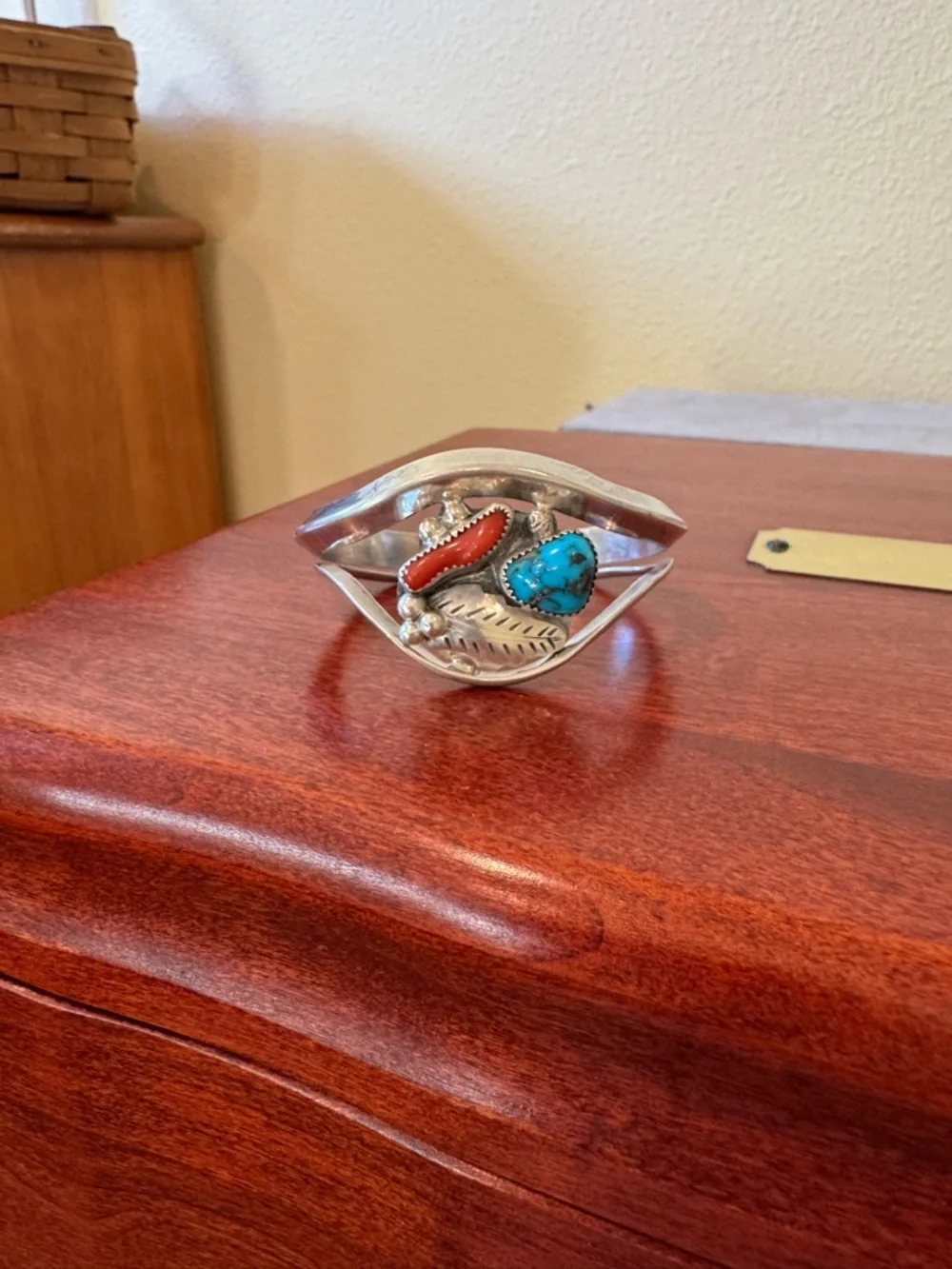 Native American David F Garcia Sterling Silver Turquoise and Coral Cuff Bracelet